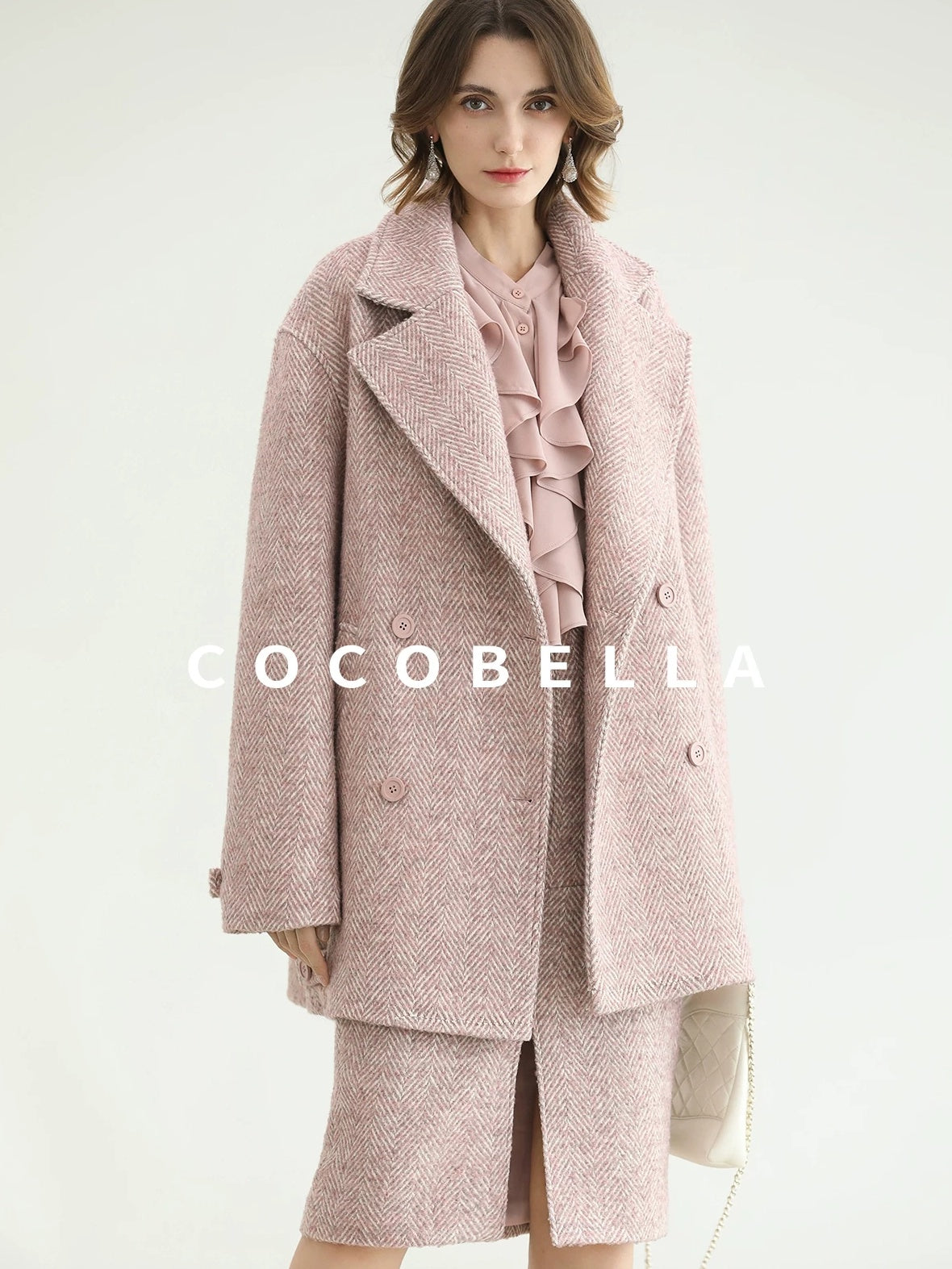 COCOBELLA Wool Blend Herringbone Double Breasted Mid Length Straight Cut Office Lady Coats