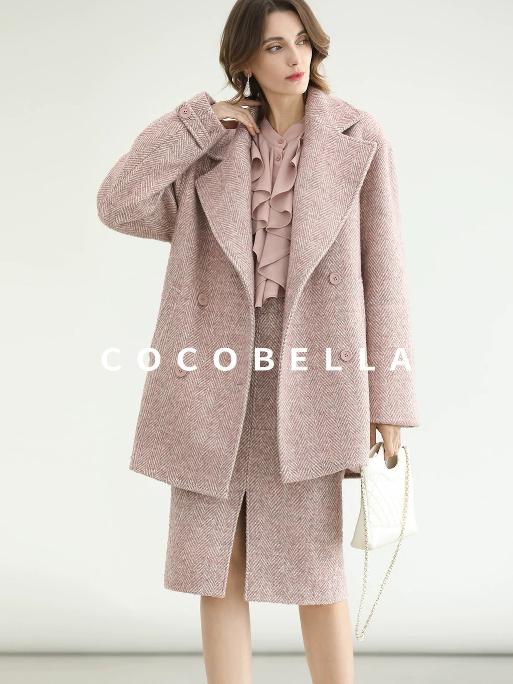 COCOBELLA Wool Blend Herringbone Double Breasted Mid Length Straight Cut Office Lady Coats