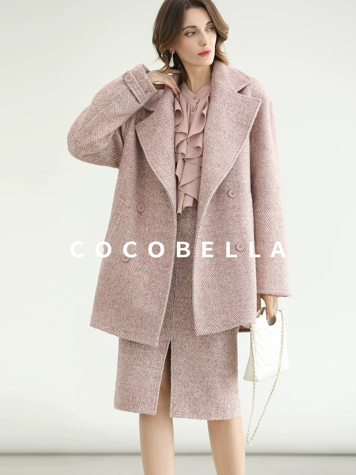 COCOBELLA Wool Blend Herringbone Double Breasted Mid Length Straight Cut Office Lady Coats
