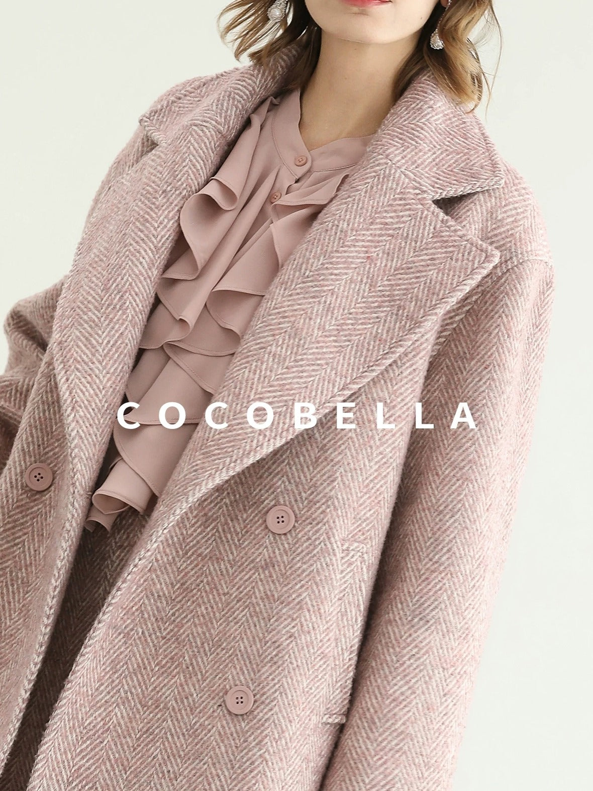 COCOBELLA Wool Blend Herringbone Double Breasted Mid Length Straight Cut Office Lady Coats