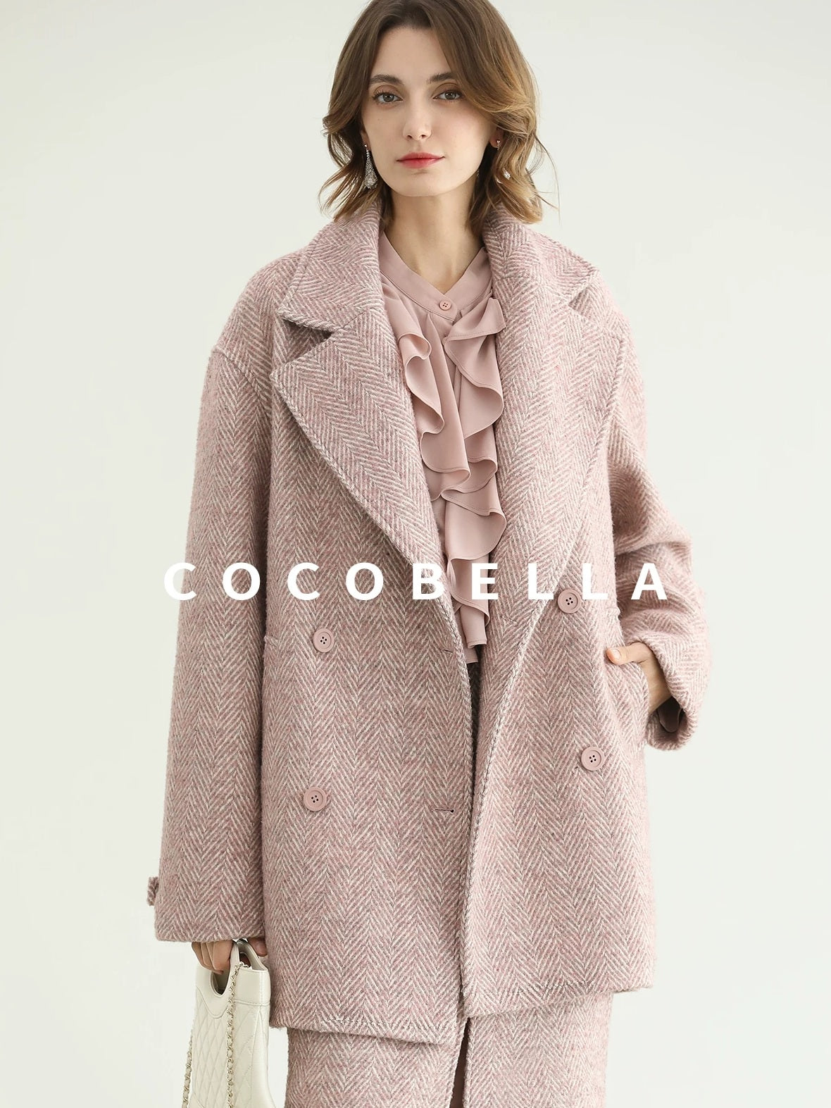 COCOBELLA Wool Blend Herringbone Double Breasted Mid Length Straight Cut Office Lady Coats