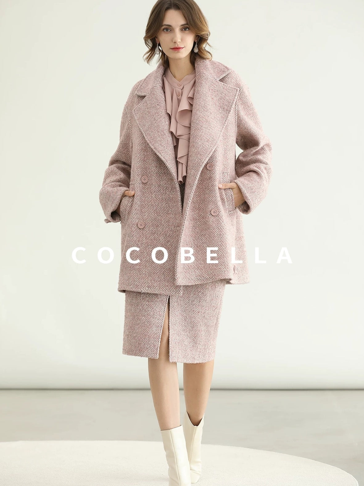 COCOBELLA Wool Blend Herringbone Double Breasted Mid Length Straight Cut Office Lady Coats