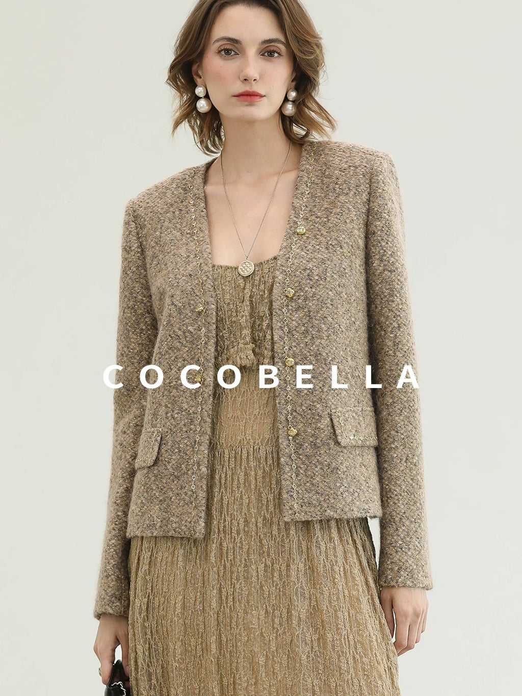 COCOBELLA Wool Blend Lurex 3D Embellished Straight Fit Ladylike Office Blazers