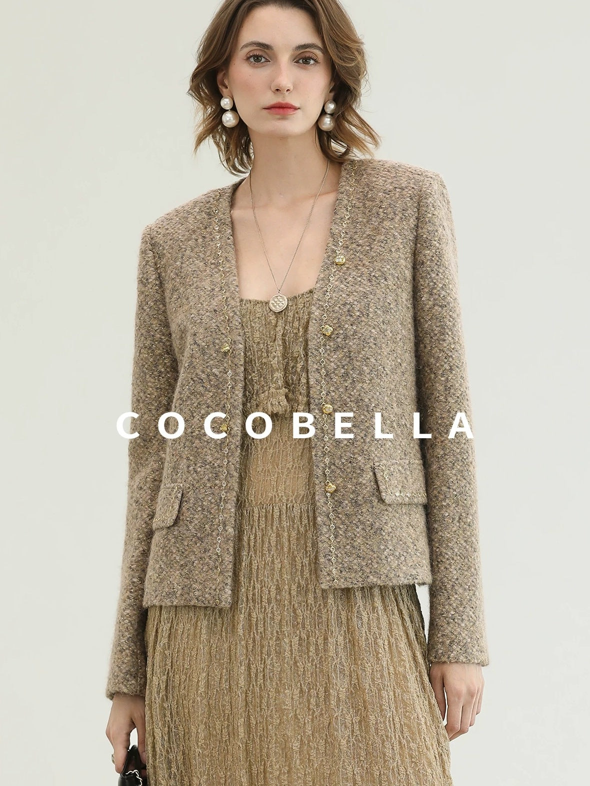 COCOBELLA Wool Blend Lurex 3D Embellished Straight Fit Ladylike Office Blazers