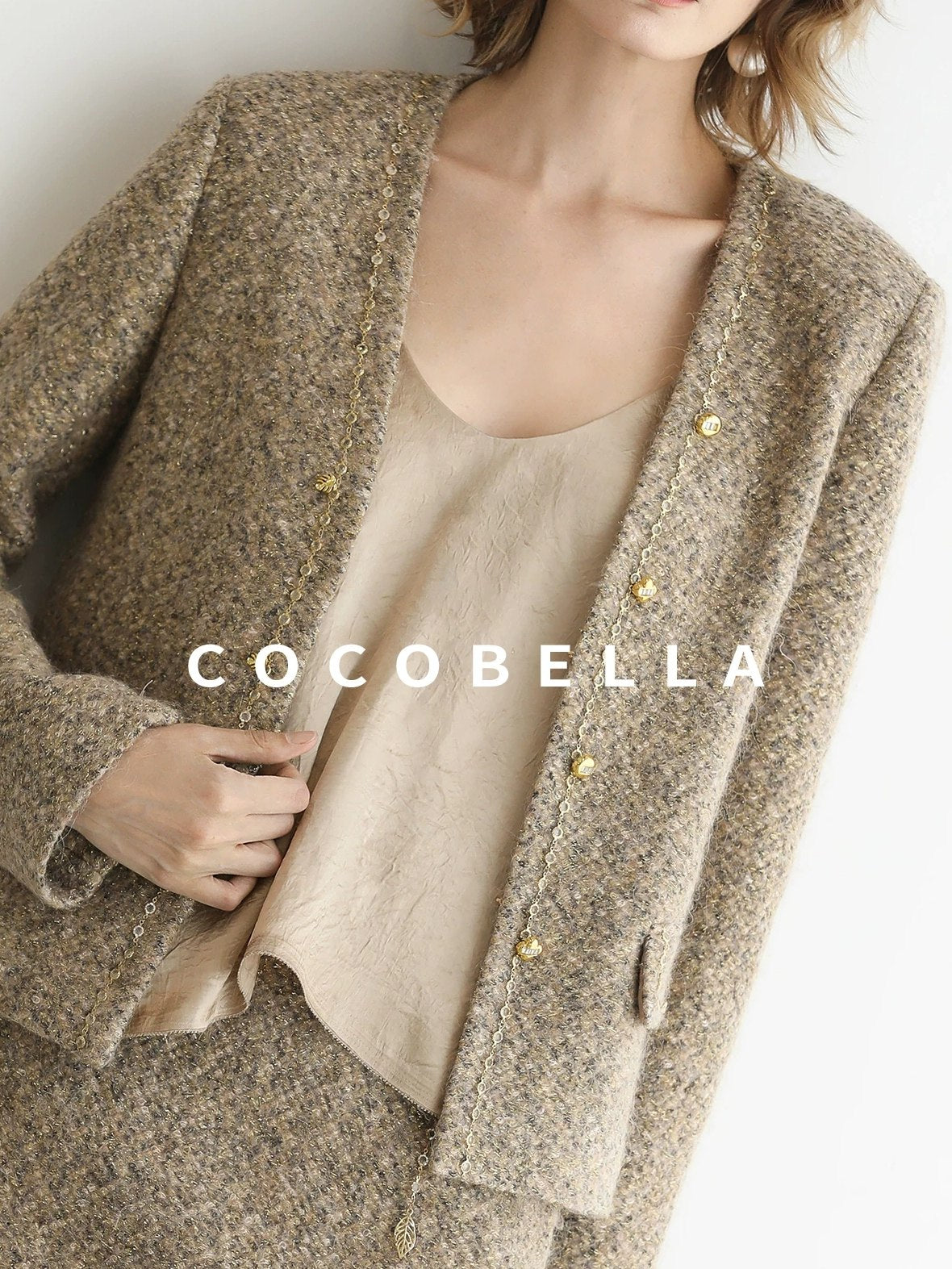 COCOBELLA Wool Blend Lurex 3D Embellished Straight Fit Ladylike Office Blazers