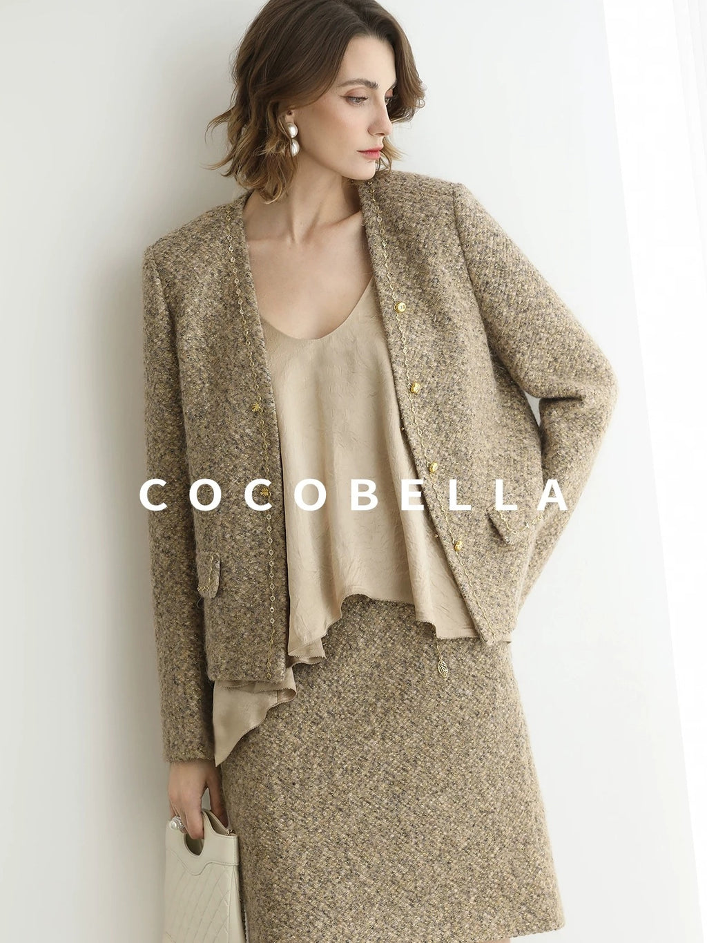 COCOBELLA Wool Blend Lurex 3D Embellished Straight Fit Ladylike Office Blazers