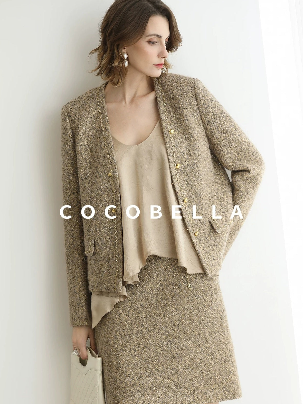 COCOBELLA Wool Blend Lurex 3D Embellished Straight Fit Ladylike Office Blazers