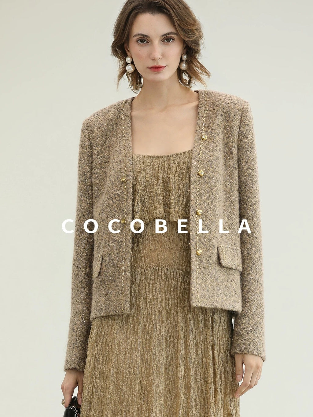 COCOBELLA Wool Blend Lurex 3D Embellished Straight Fit Ladylike Office Blazers