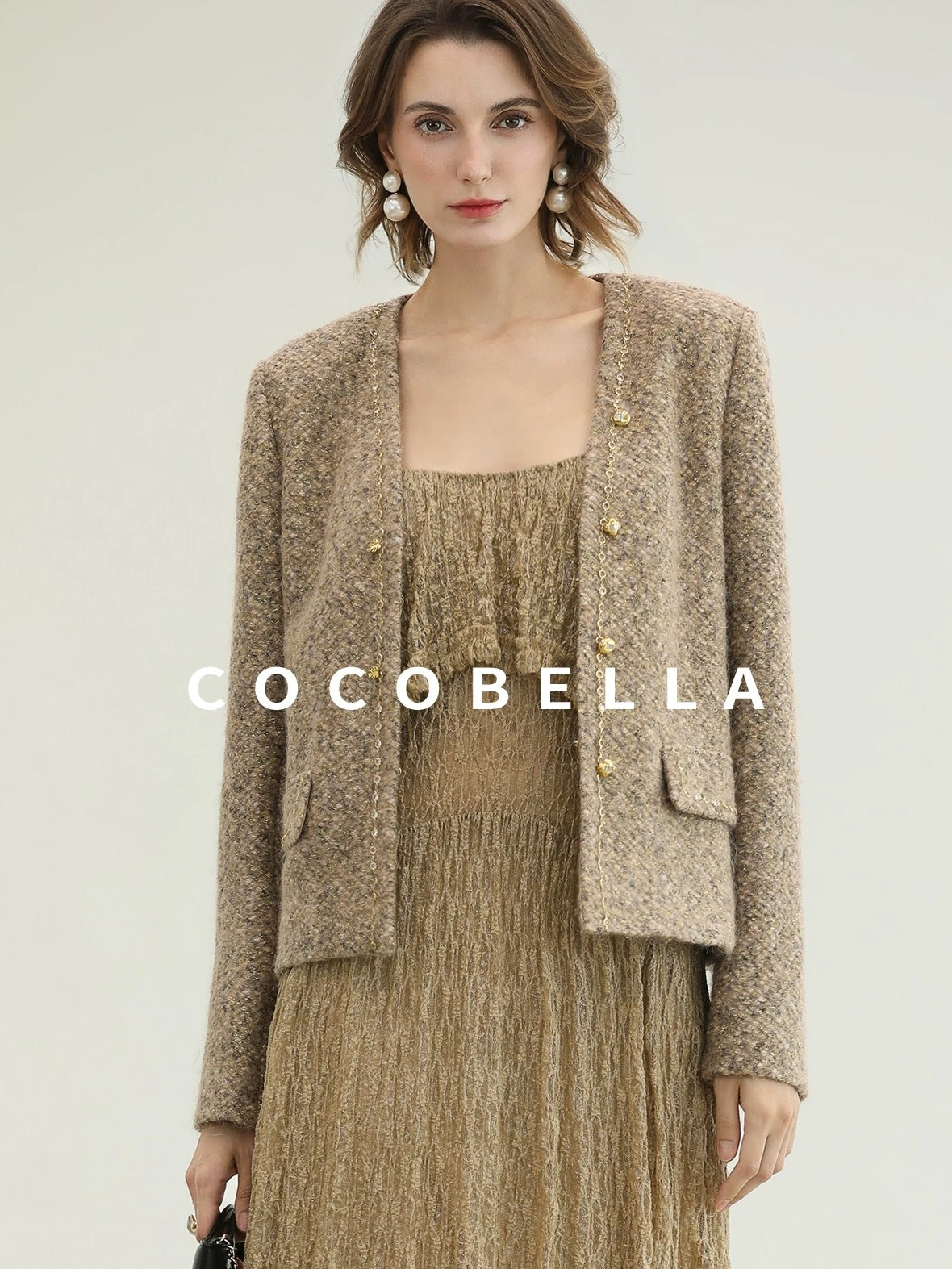 COCOBELLA Wool Blend Lurex 3D Embellished Straight Fit Ladylike Office Blazers