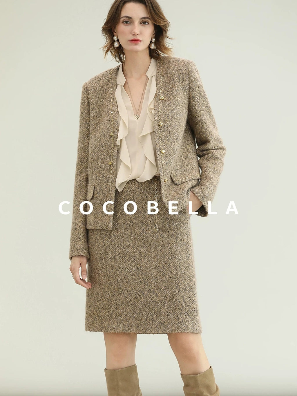 COCOBELLA Wool Blend Lurex 3D Embellished Straight Fit Ladylike Office Blazers