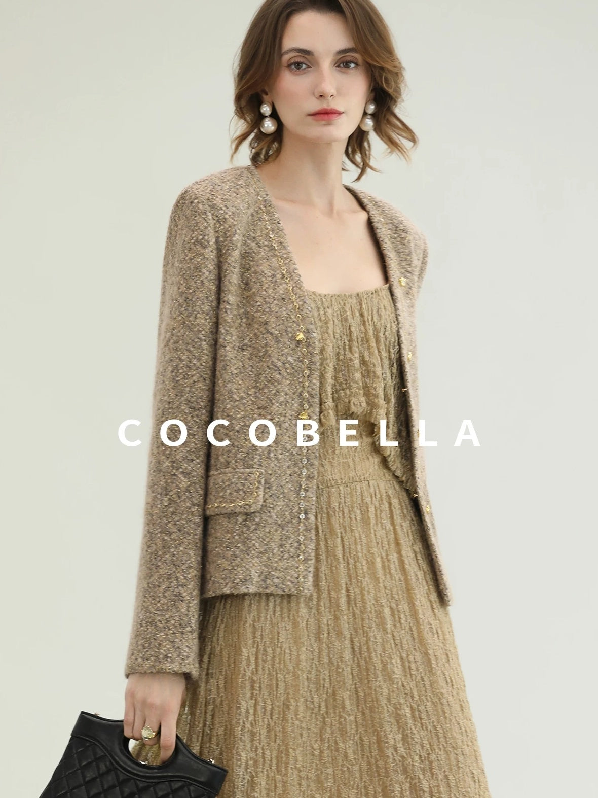 COCOBELLA Wool Blend Lurex 3D Embellished Straight Fit Ladylike Office Blazers