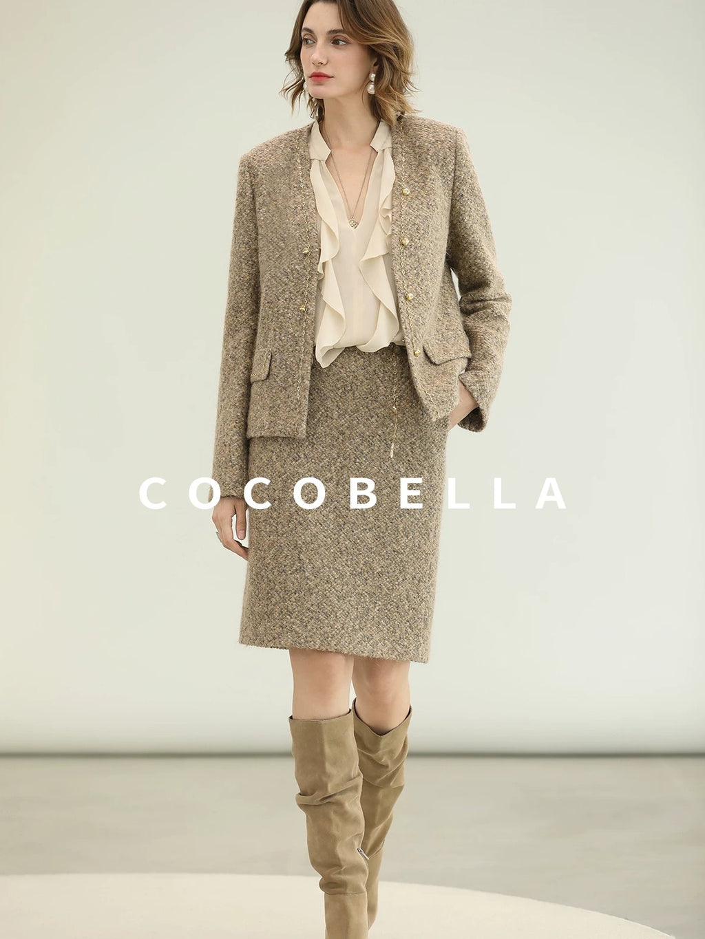 COCOBELLA Wool Blend Lurex 3D Embellished Straight Fit Ladylike Office Blazers