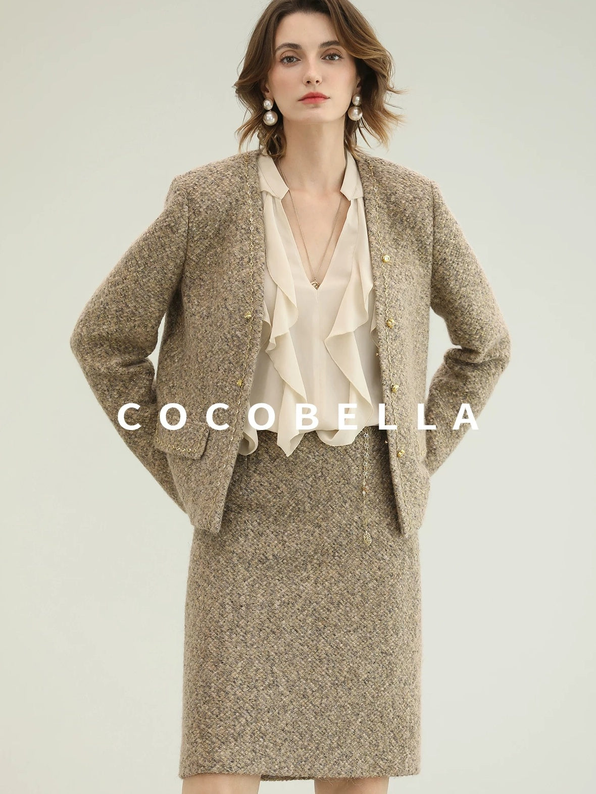 COCOBELLA Wool Blend Lurex 3D Embellished Straight Fit Ladylike Office Blazers