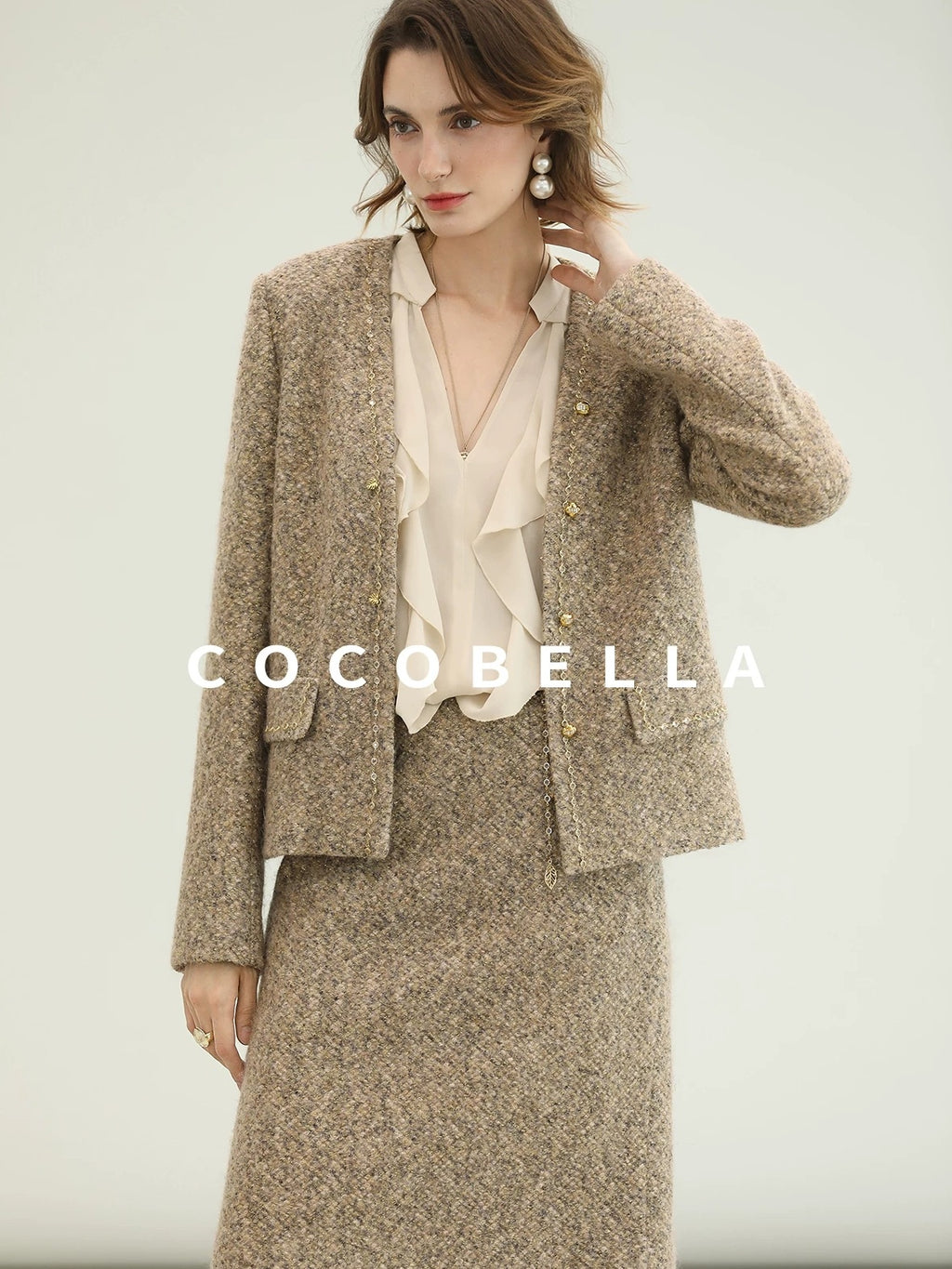 COCOBELLA Wool Blend Lurex 3D Embellished Straight Fit Ladylike Office Blazers