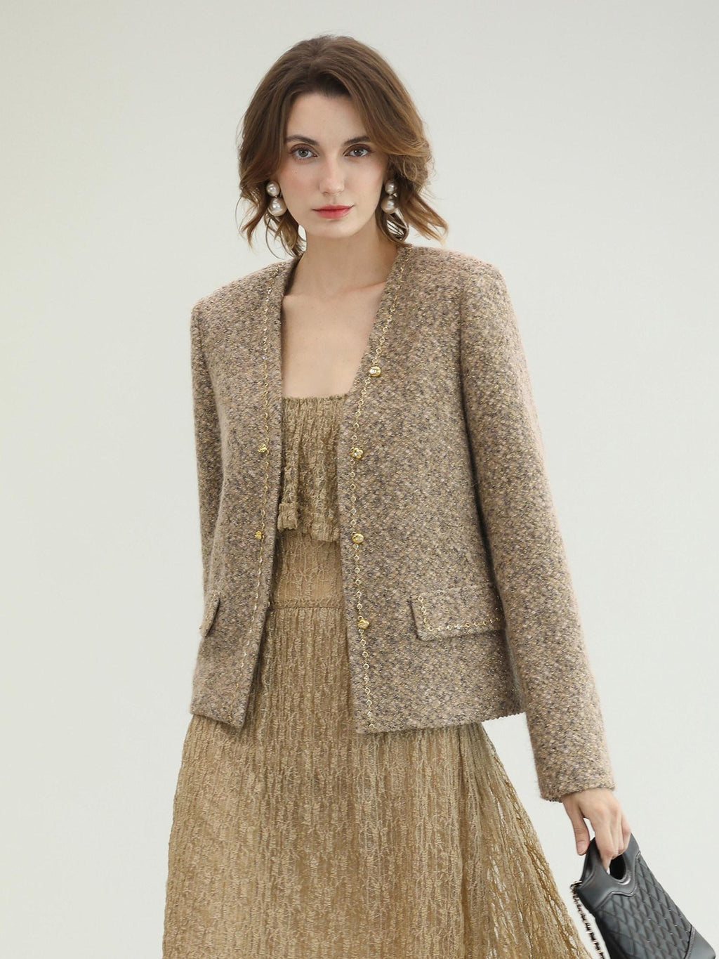 COCOBELLA Wool Blend Lurex 3D Embellished Straight Fit Ladylike Office Blazers