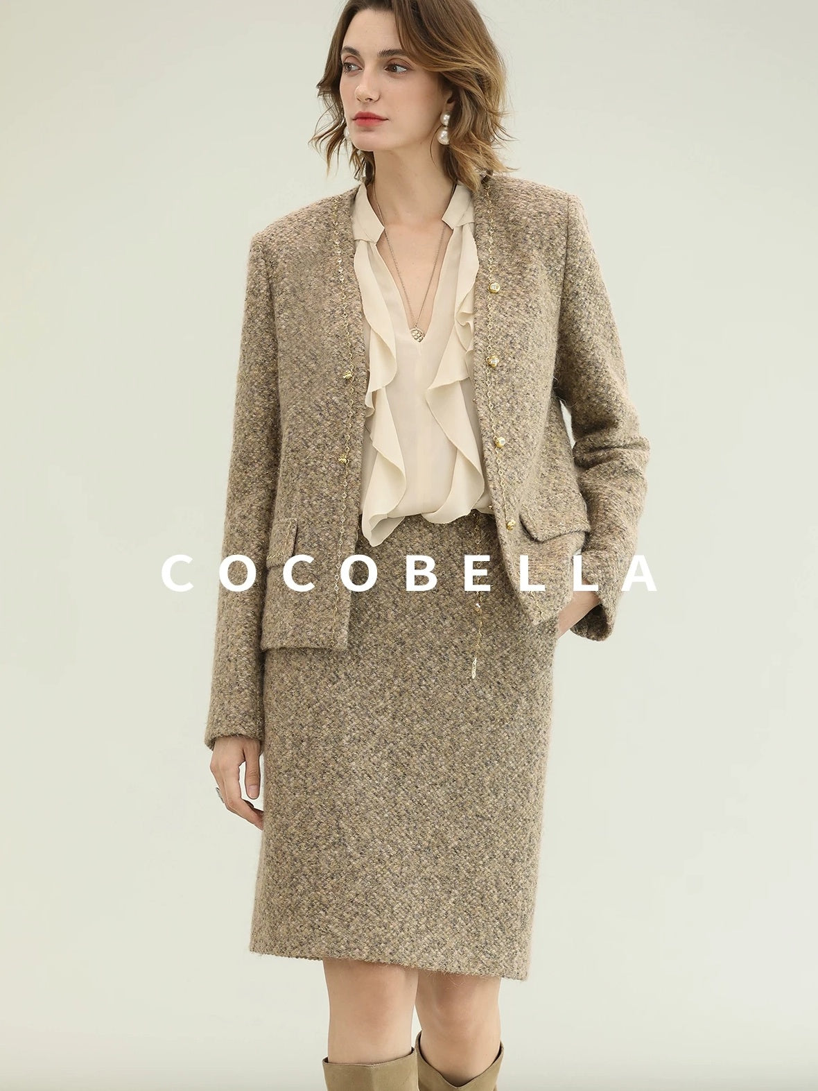 COCOBELLA Wool Blend Lurex 3D Embellished Straight Fit Ladylike Office Blazers