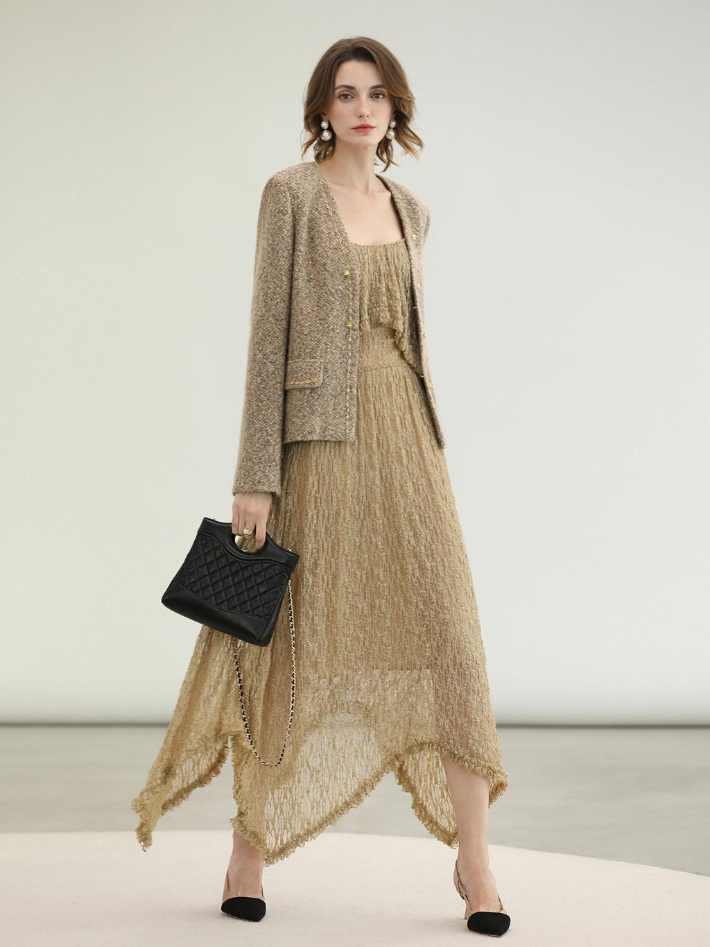 COCOBELLA Wool Blend Lurex 3D Embellished Straight Fit Ladylike Office Blazers