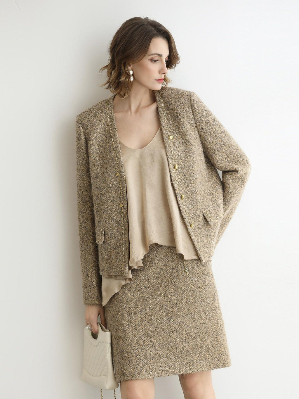 COCOBELLA Wool Blend Lurex 3D Embellished Straight Fit Ladylike Office Blazers