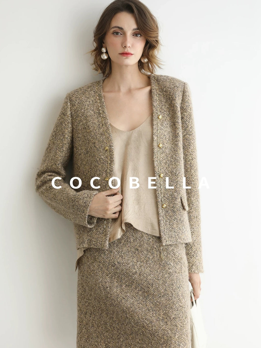 COCOBELLA Wool Blend Lurex 3D Embellished Straight Fit Ladylike Office Blazers
