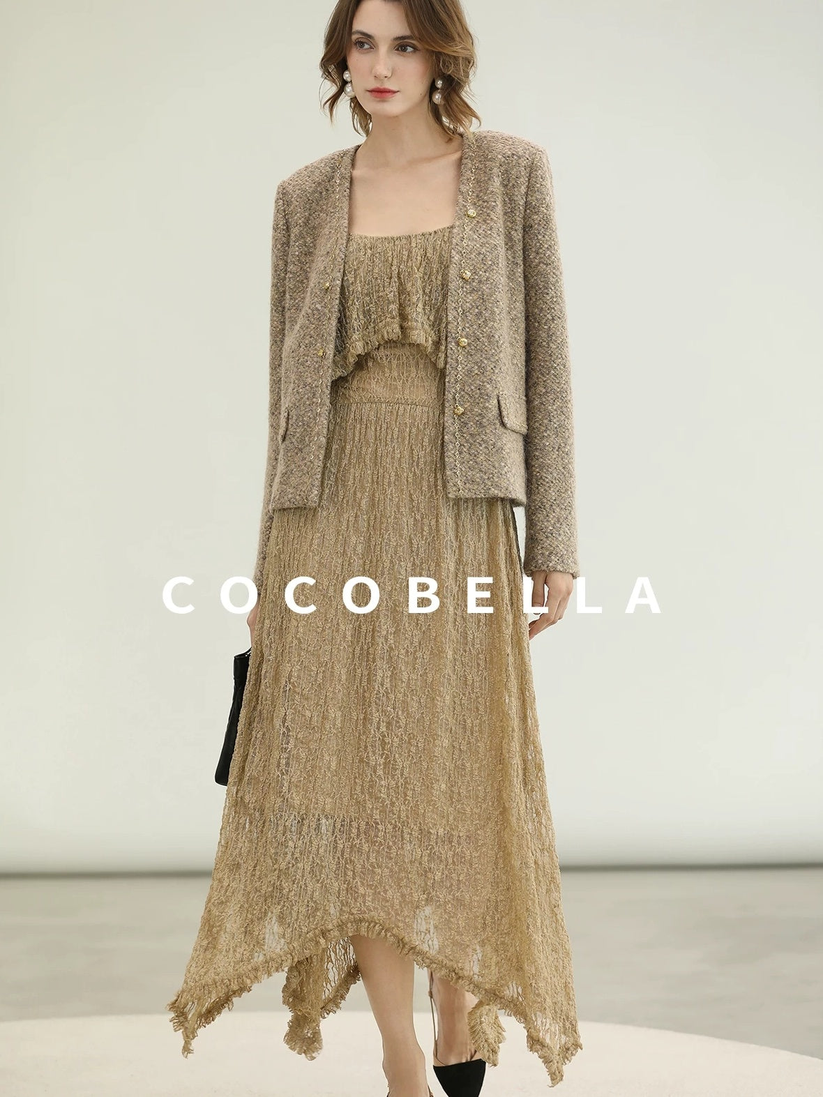 COCOBELLA Wool Blend Lurex 3D Embellished Straight Fit Ladylike Office Blazers