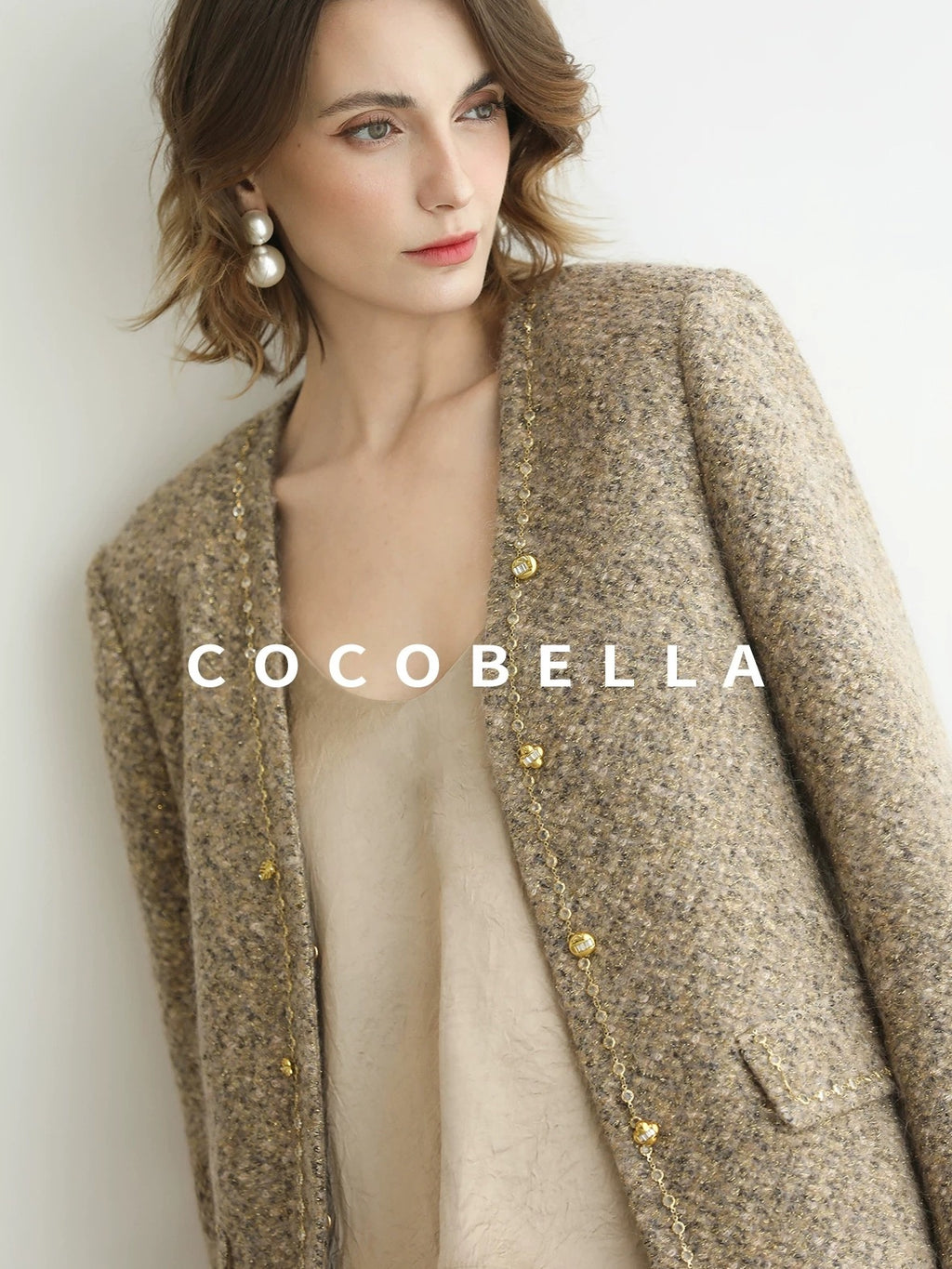COCOBELLA Wool Blend Lurex 3D Embellished Straight Fit Ladylike Office Blazers