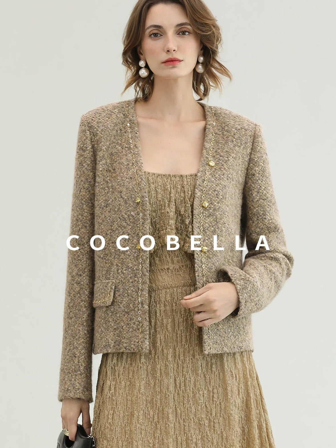 COCOBELLA Wool Blend Lurex 3D Embellished Straight Fit Ladylike Office Blazers