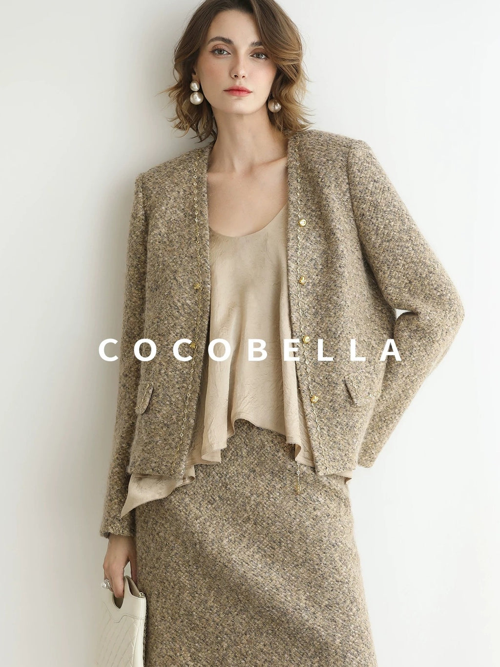 COCOBELLA Wool Blend Lurex 3D Embellished Straight Fit Ladylike Office Blazers