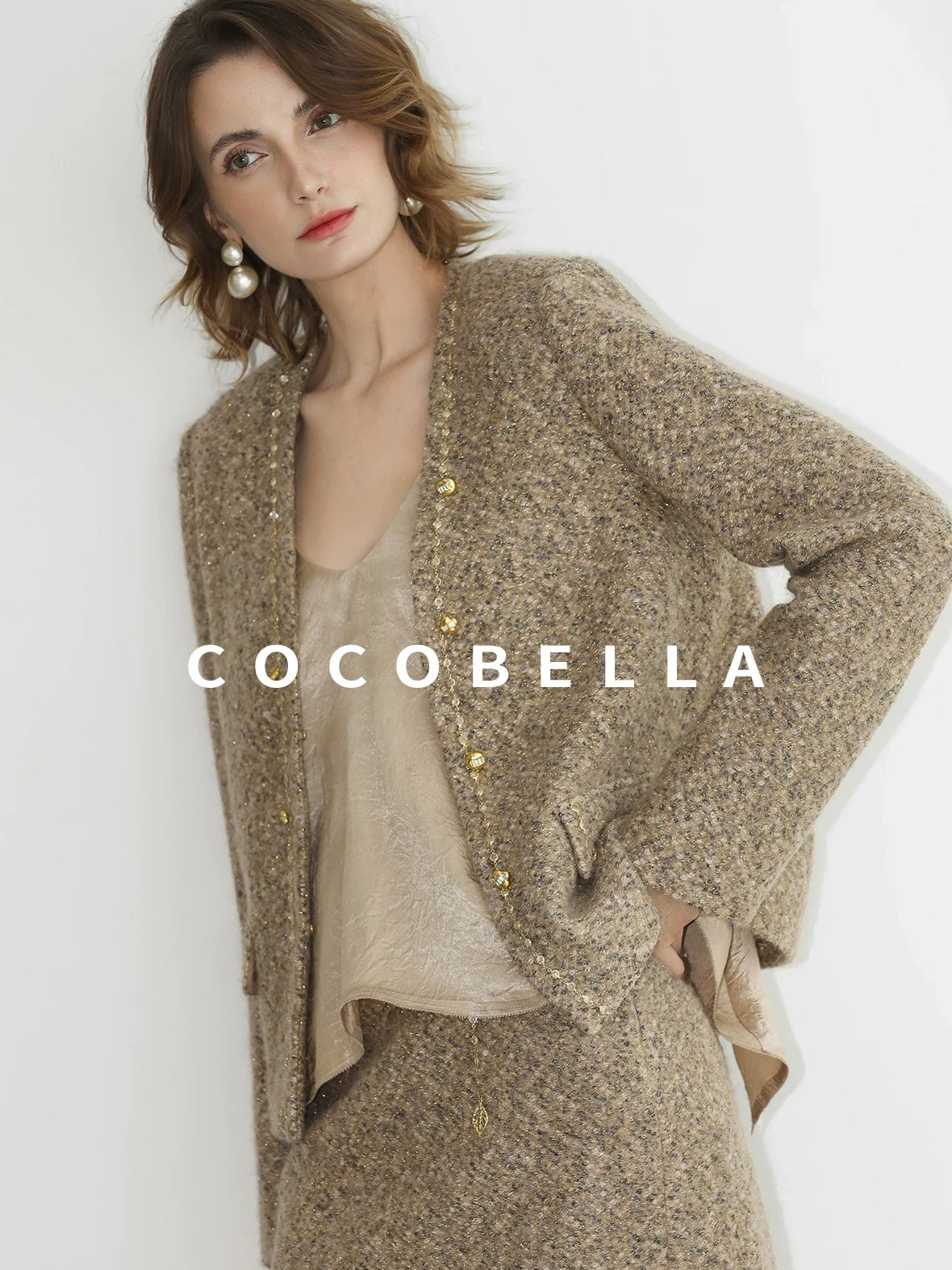 COCOBELLA Wool Blend Lurex 3D Embellished Straight Fit Ladylike Office Blazers