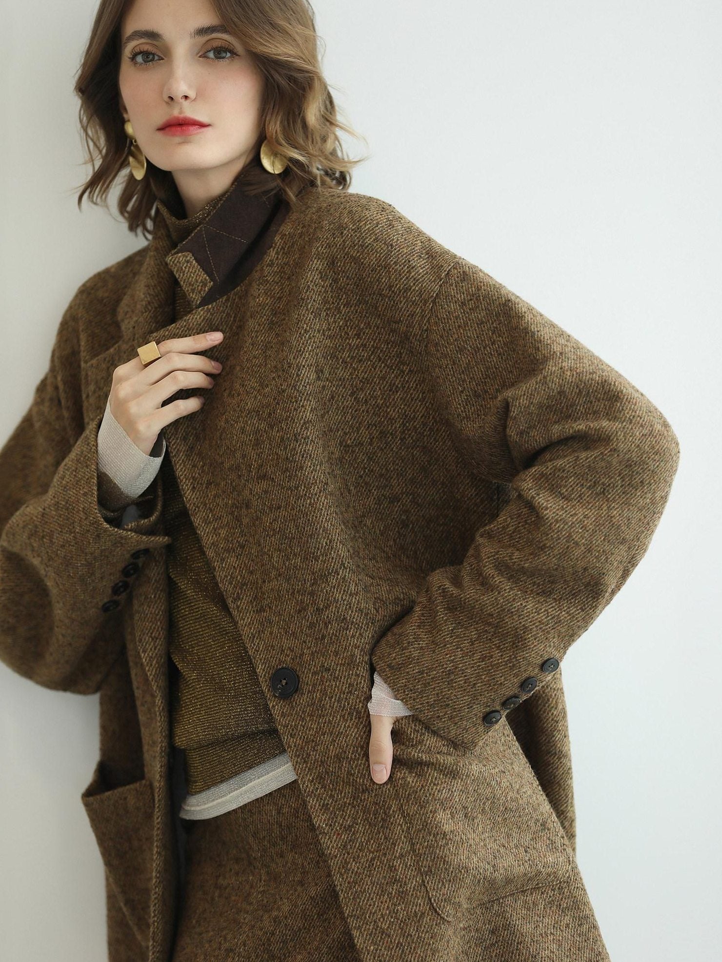 COCOBELLA Wool Blend Midlength Straight Open Cardigan Women Work Warm Ginger Coats