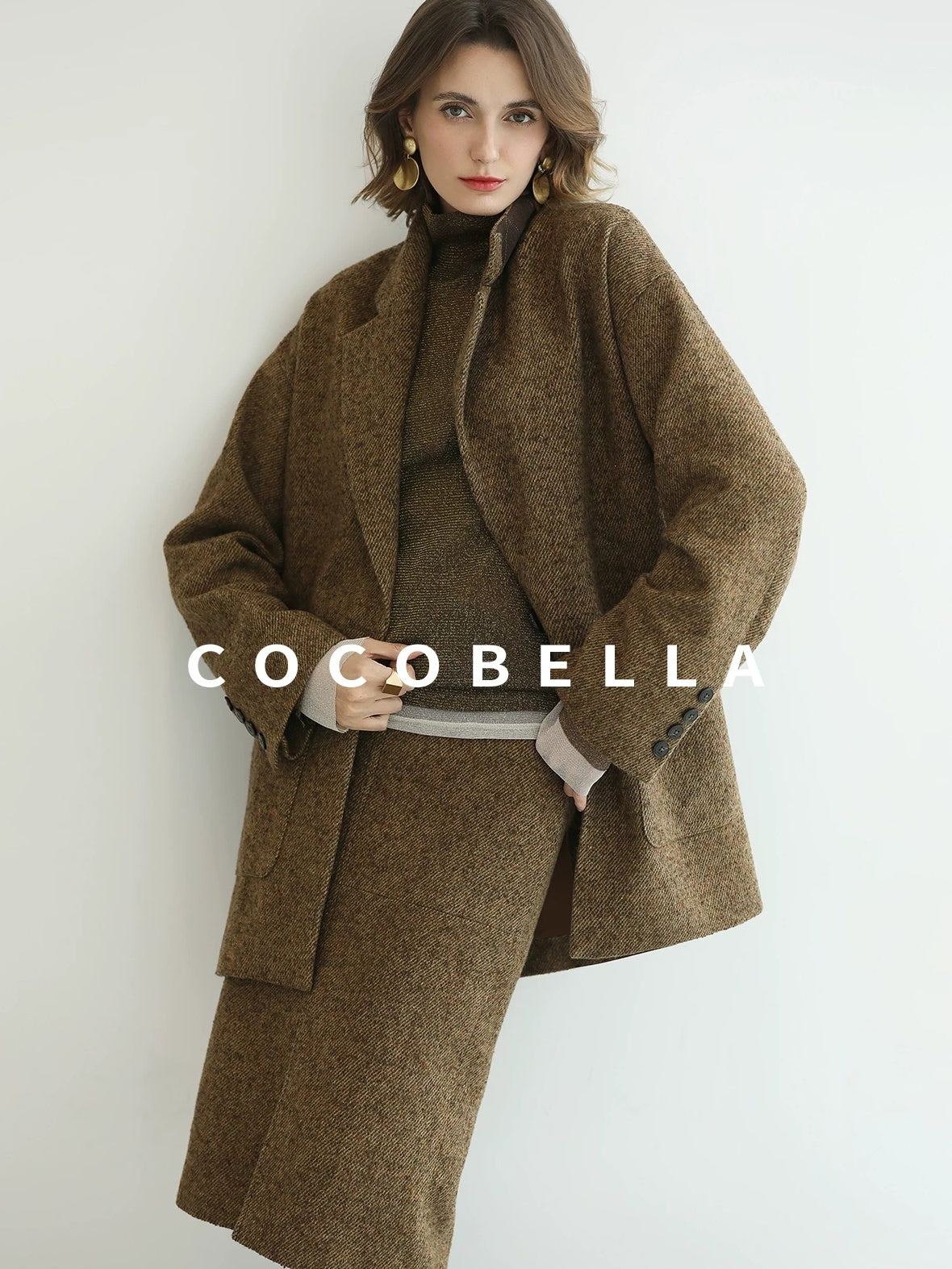COCOBELLA Wool Blend Midlength Straight Open Cardigan Women Work Warm Ginger Coats