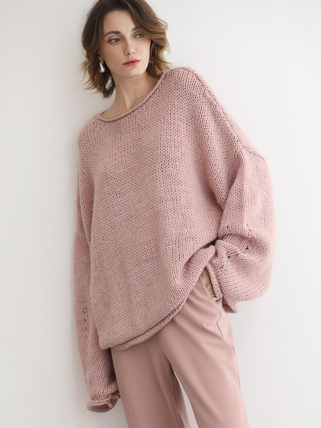 COCOBELLA Wool Blend Oversized Rolled Edge Commuter Women Pullover Round Neck Sweater