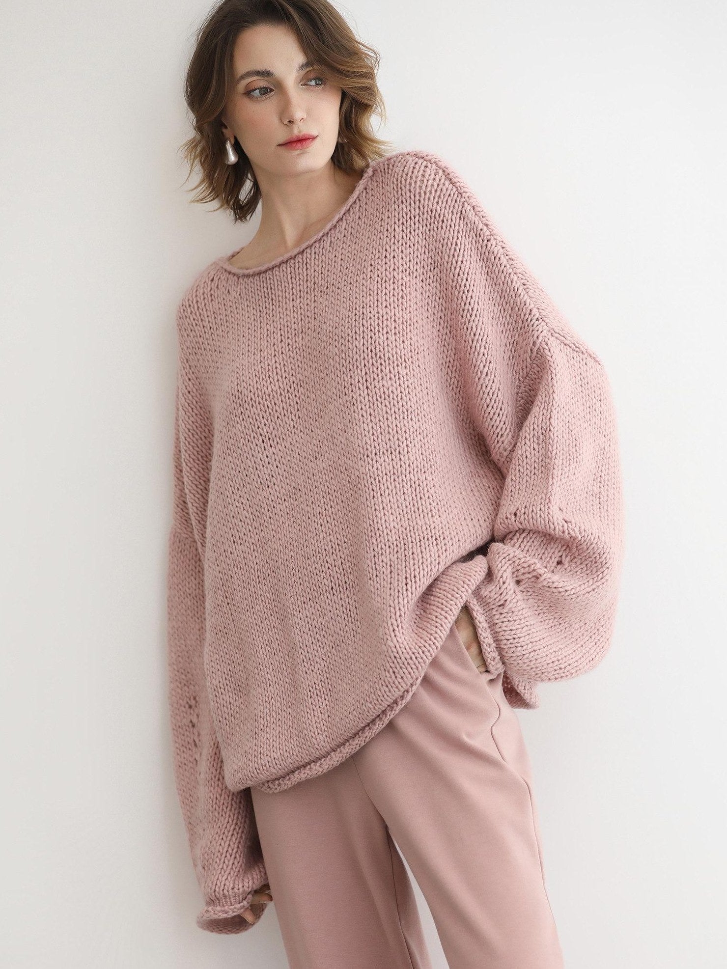 COCOBELLA Wool Blend Oversized Rolled Edge Commuter Women Pullover Round Neck Sweater