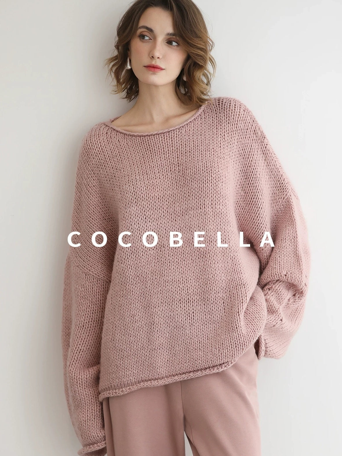 COCOBELLA Wool Blend Oversized Rolled Edge Commuter Women Pullover Round Neck Sweater