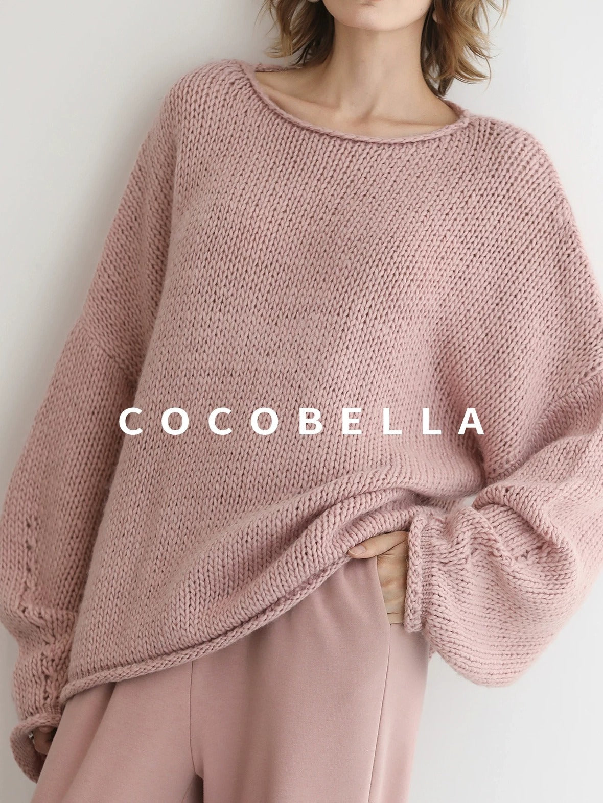 COCOBELLA Wool Blend Oversized Rolled Edge Commuter Women Pullover Round Neck Sweater
