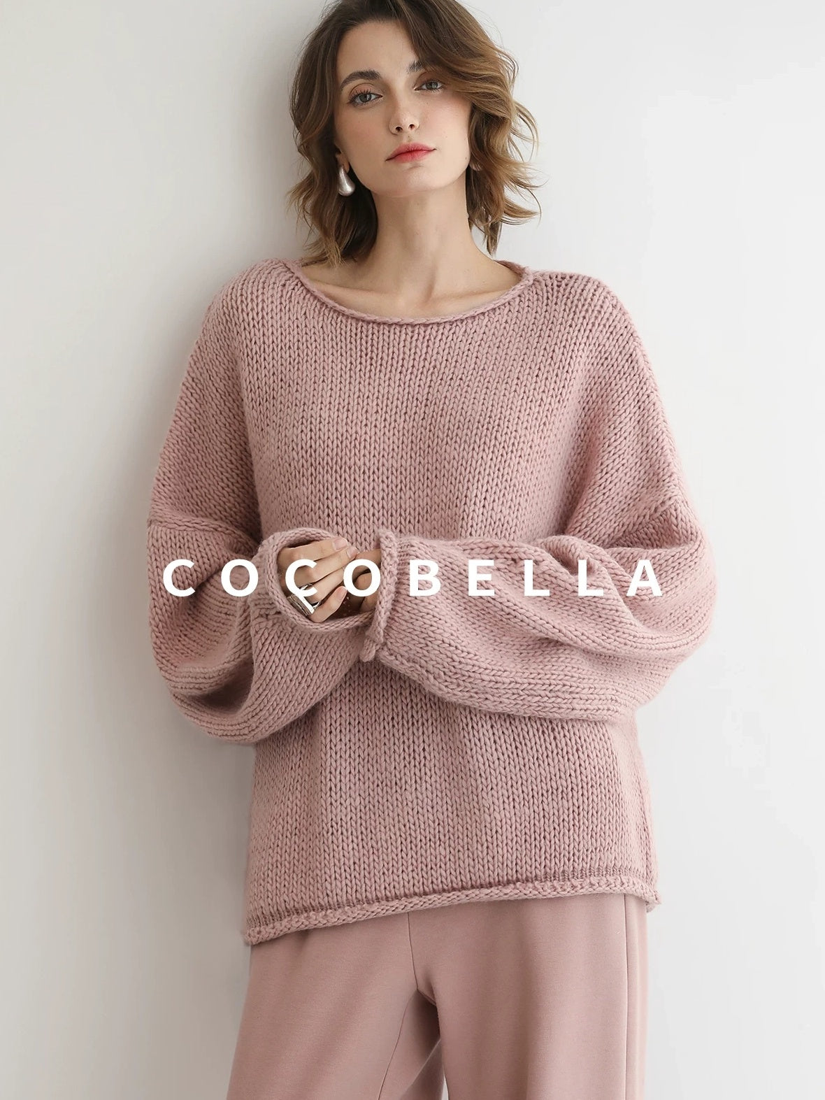 COCOBELLA Wool Blend Oversized Rolled Edge Commuter Women Pullover Round Neck Sweater