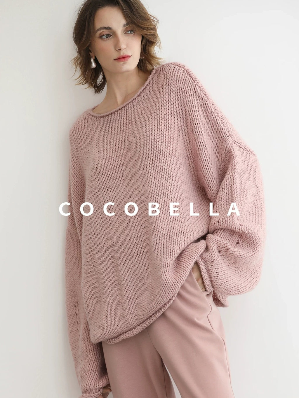 COCOBELLA Wool Blend Oversized Rolled Edge Commuter Women Pullover Round Neck Sweater