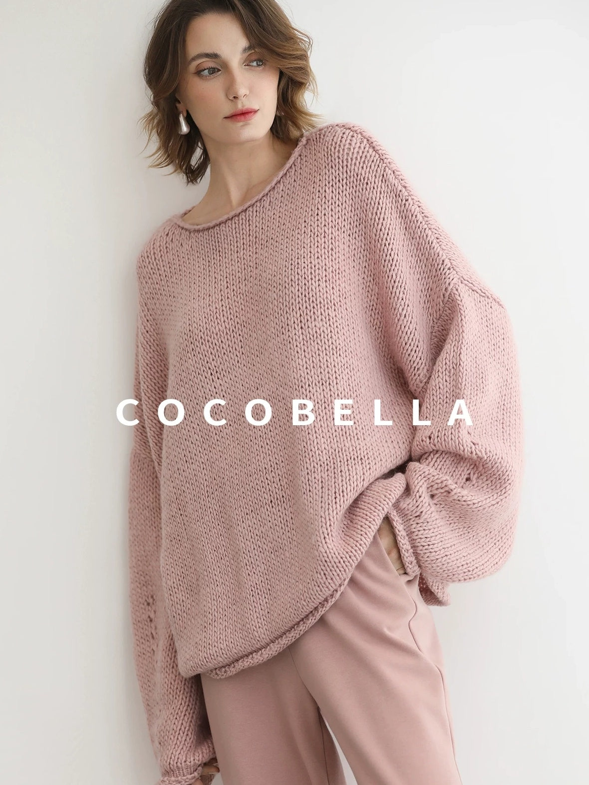 COCOBELLA Wool Blend Oversized Rolled Edge Commuter Women Pullover Round Neck Sweater