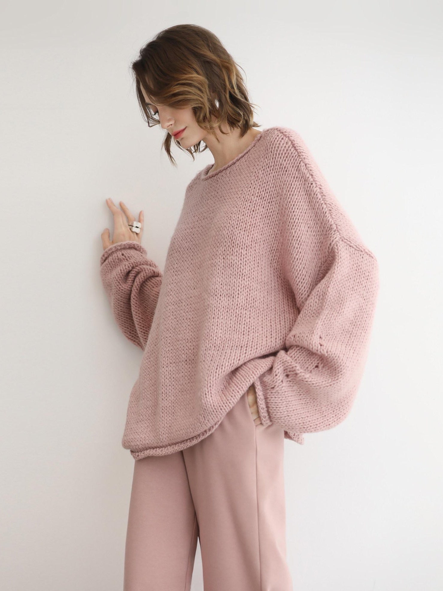 COCOBELLA Wool Blend Oversized Rolled Edge Commuter Women Pullover Round Neck Sweater