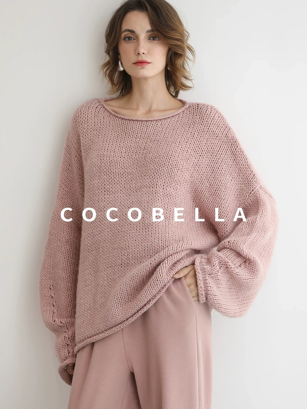 COCOBELLA Wool Blend Oversized Rolled Edge Commuter Women Pullover Round Neck Sweater