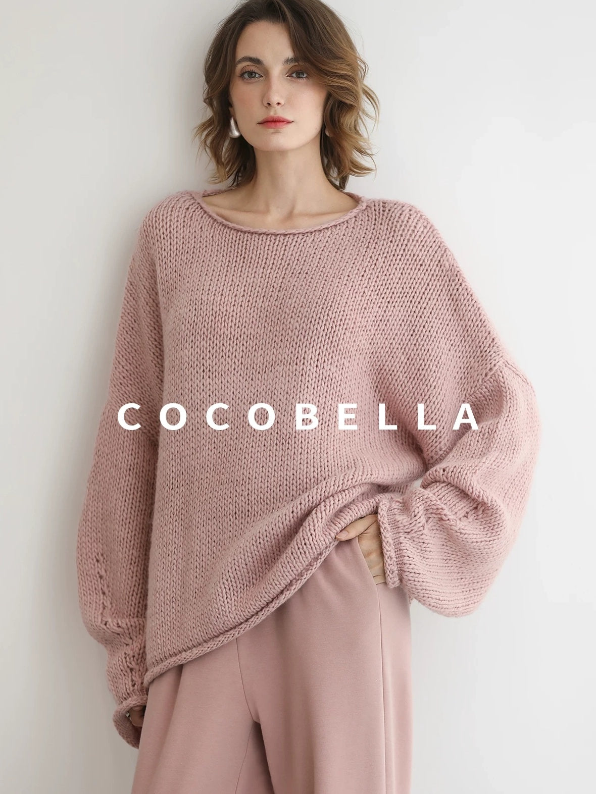 COCOBELLA Wool Blend Oversized Rolled Edge Commuter Women Pullover Round Neck Sweater