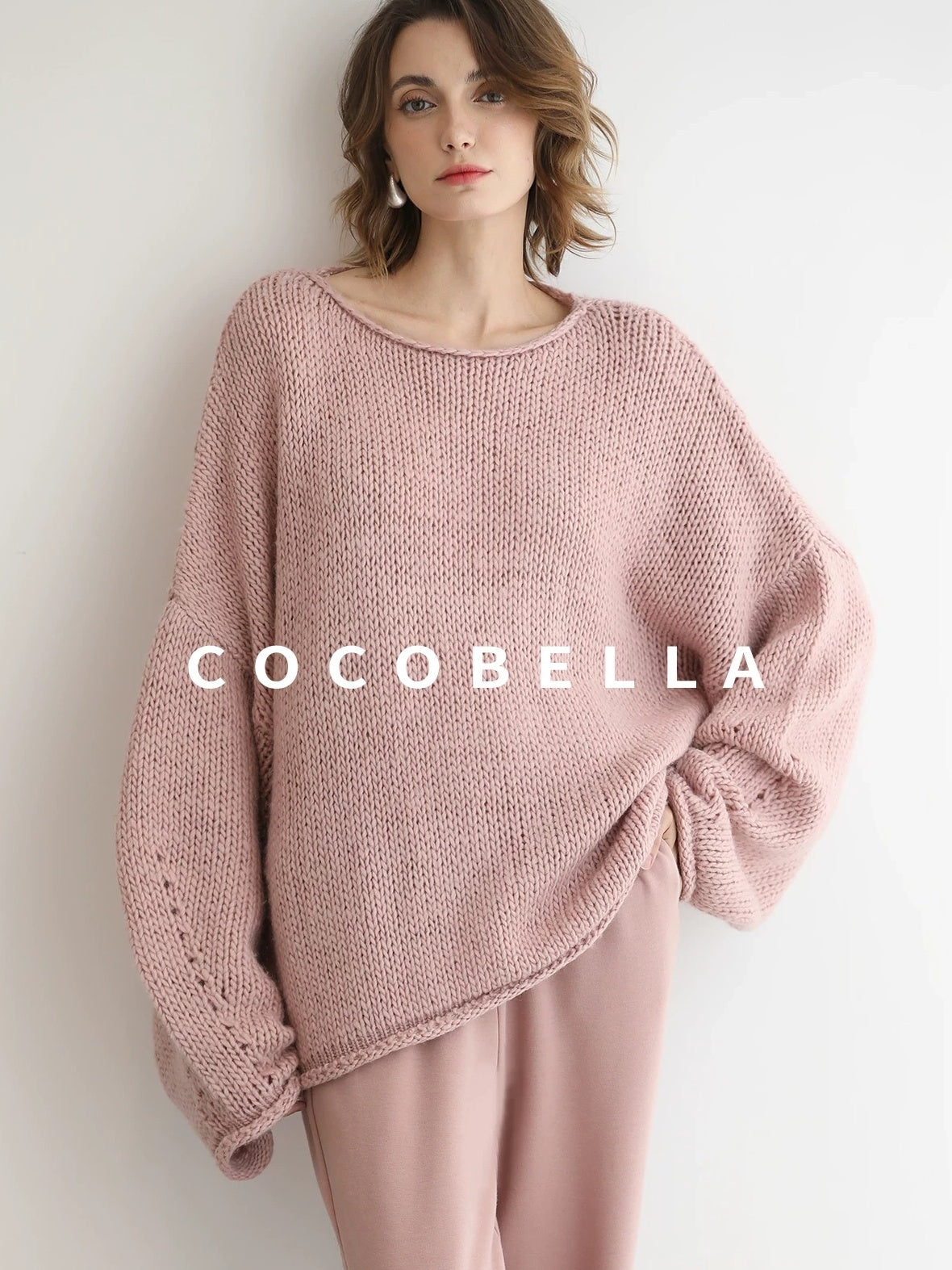 COCOBELLA Wool Blend Oversized Rolled Edge Commuter Women Pullover Round Neck Sweater