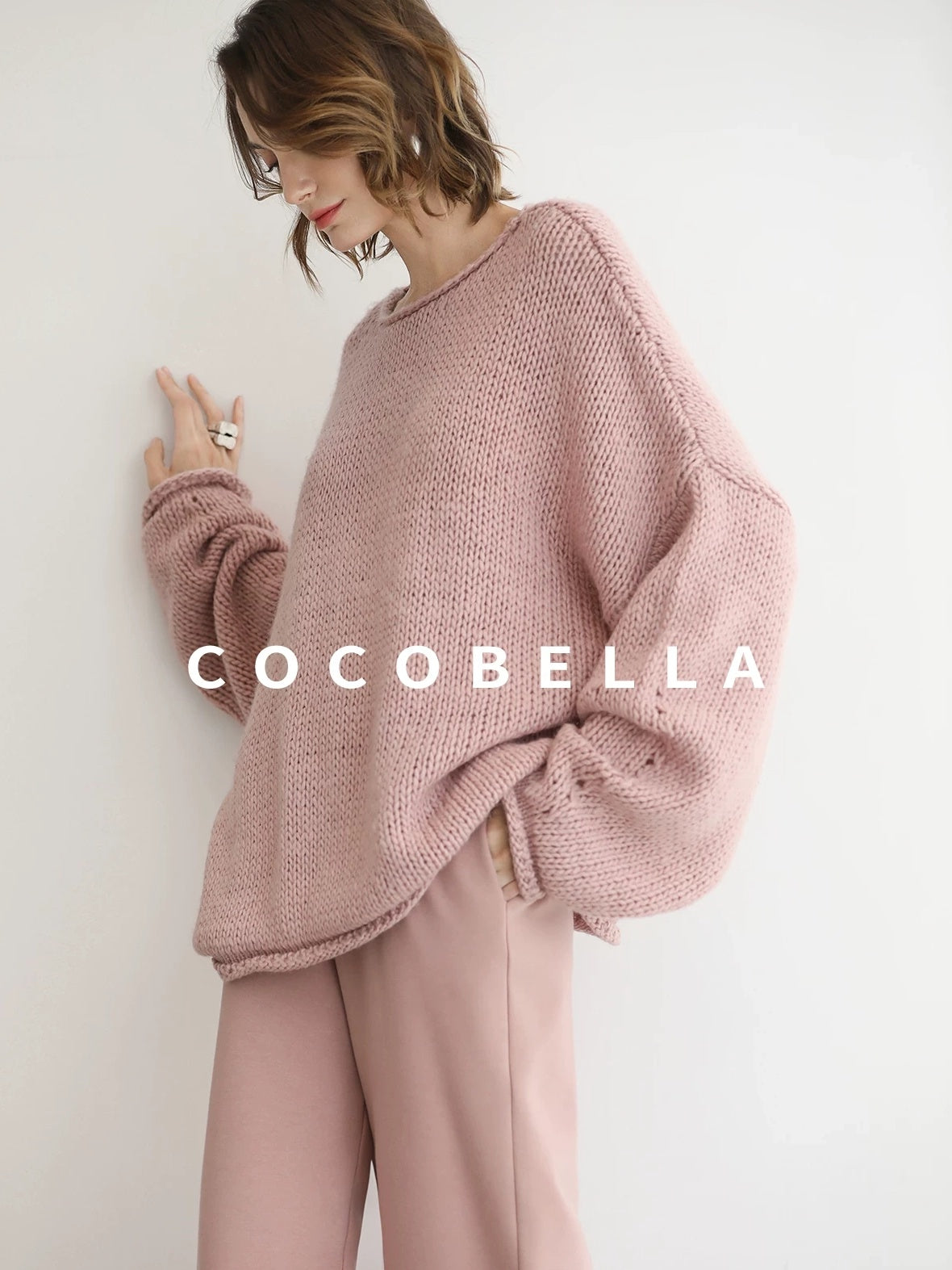 COCOBELLA Wool Blend Oversized Rolled Edge Commuter Women Pullover Round Neck Sweater