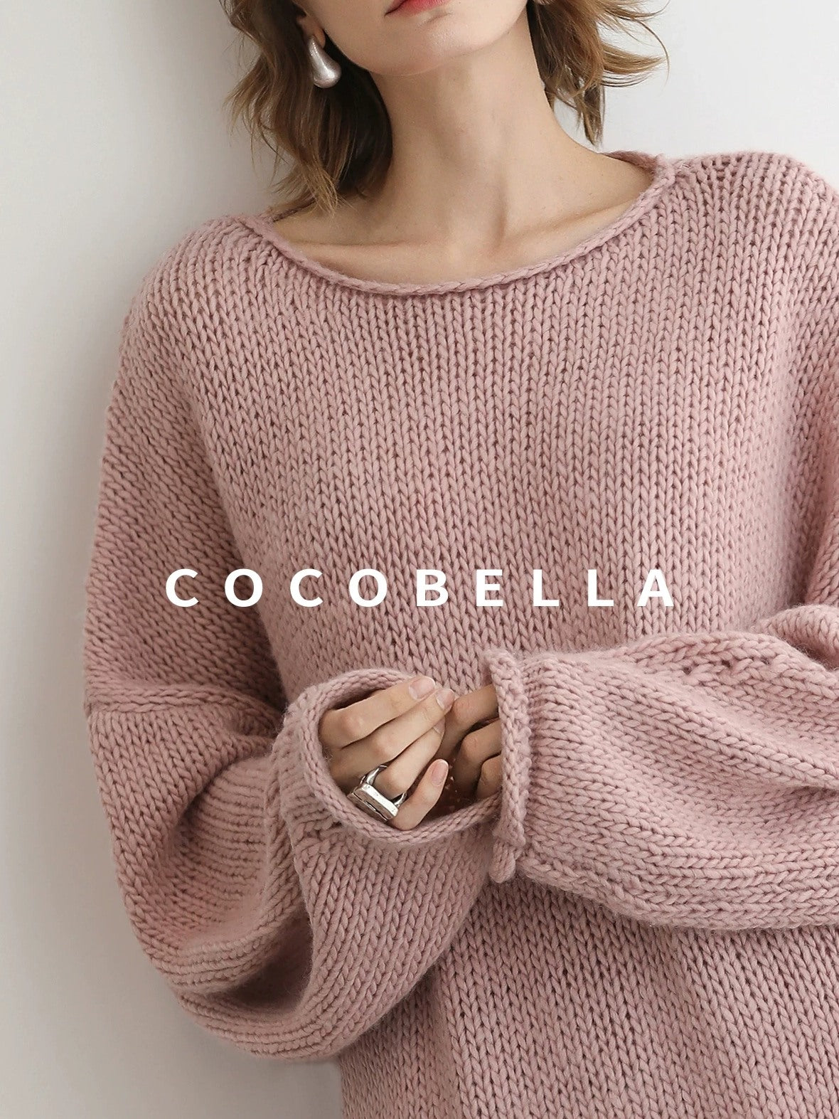 COCOBELLA Wool Blend Oversized Rolled Edge Commuter Women Pullover Round Neck Sweater