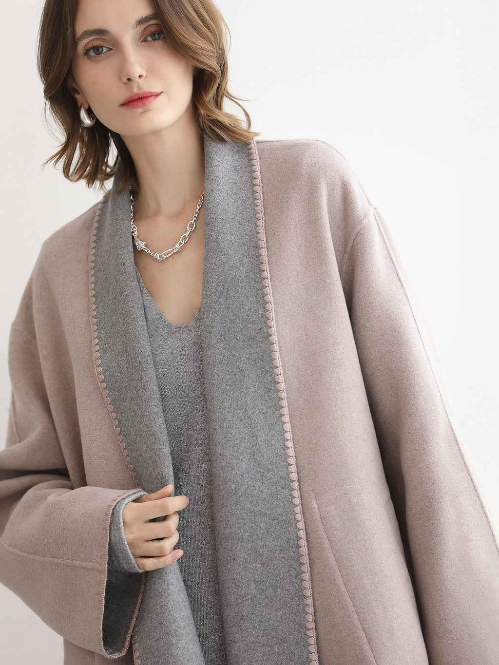 COCOBELLA Wool Blend Shell Embroidery Loose Fit Lapel Collar Office Wool Overcoats Coats