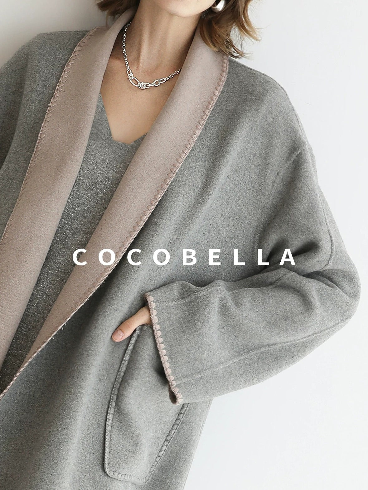 COCOBELLA Wool Blend Shell Embroidery Loose Fit Lapel Collar Office Wool Overcoats Coats
