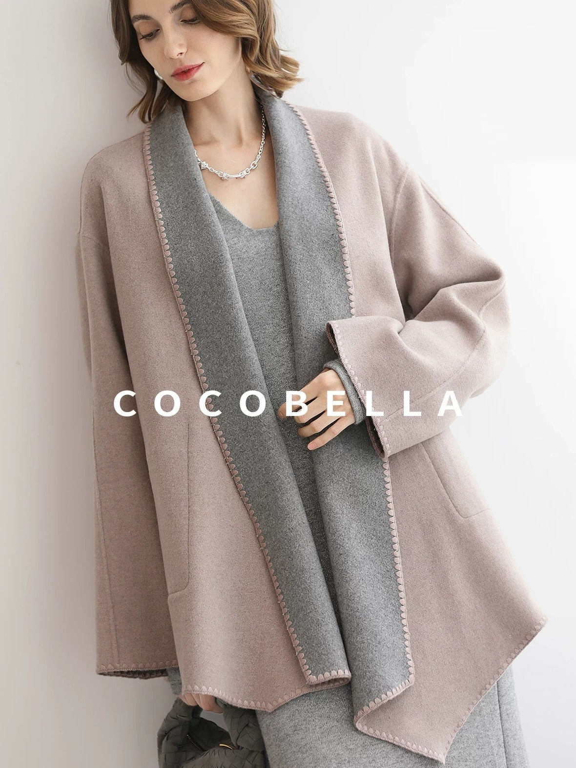 COCOBELLA Wool Blend Shell Embroidery Loose Fit Lapel Collar Office Wool Overcoats Coats