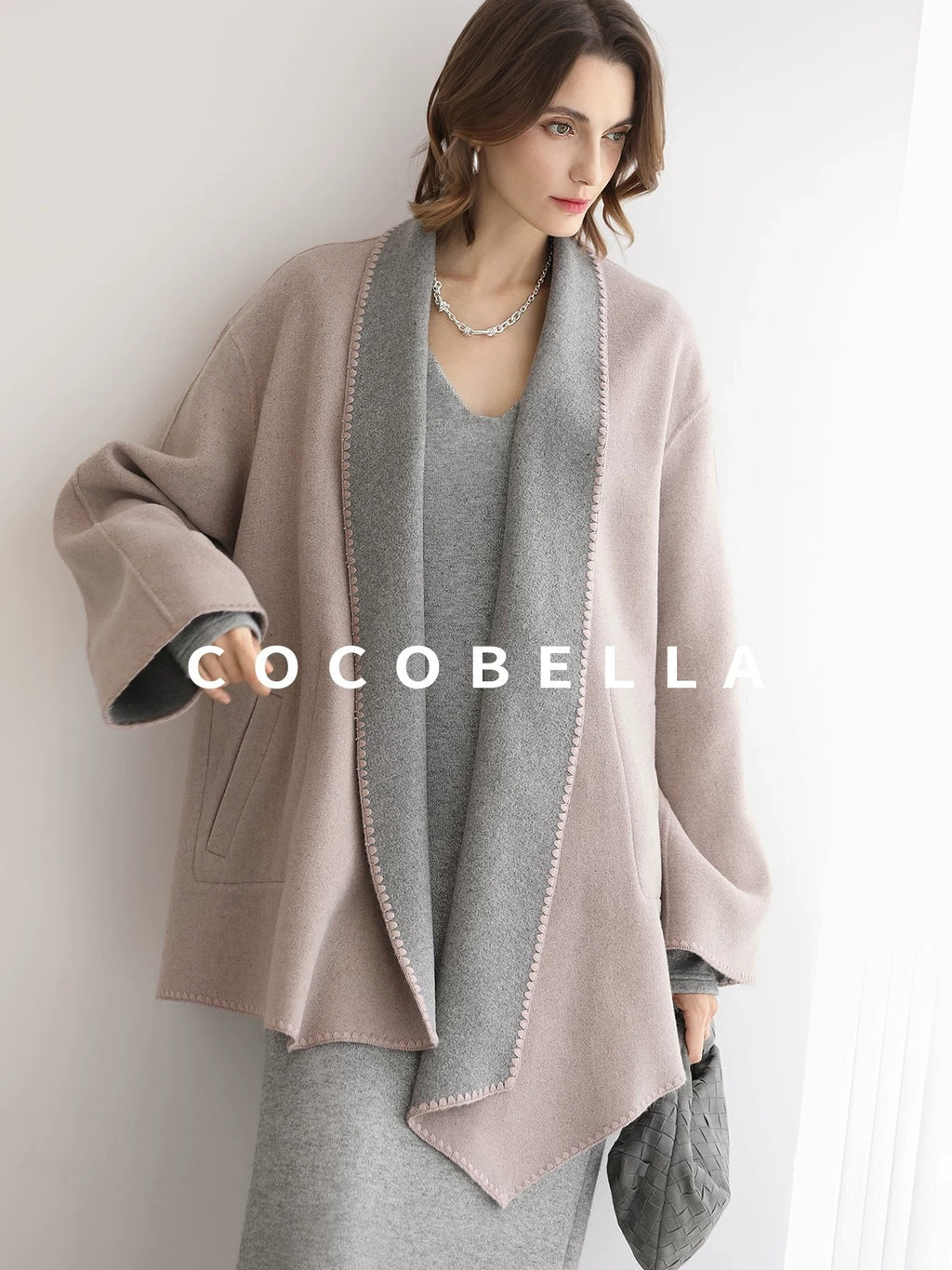COCOBELLA Wool Blend Shell Embroidery Loose Fit Lapel Collar Office Wool Overcoats Coats