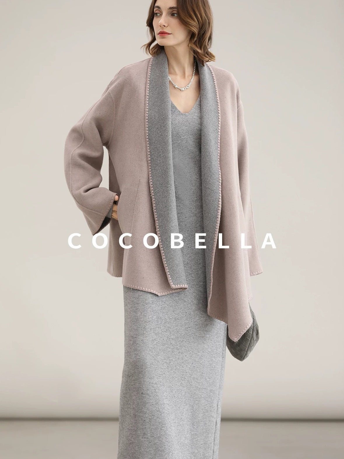 COCOBELLA Wool Blend Shell Embroidery Loose Fit Lapel Collar Office Wool Overcoats Coats