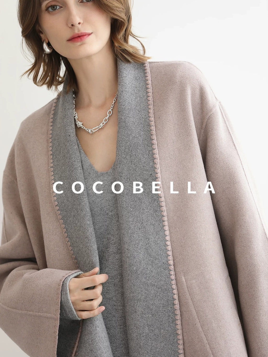 COCOBELLA Wool Blend Shell Embroidery Loose Fit Lapel Collar Office Wool Overcoats Coats