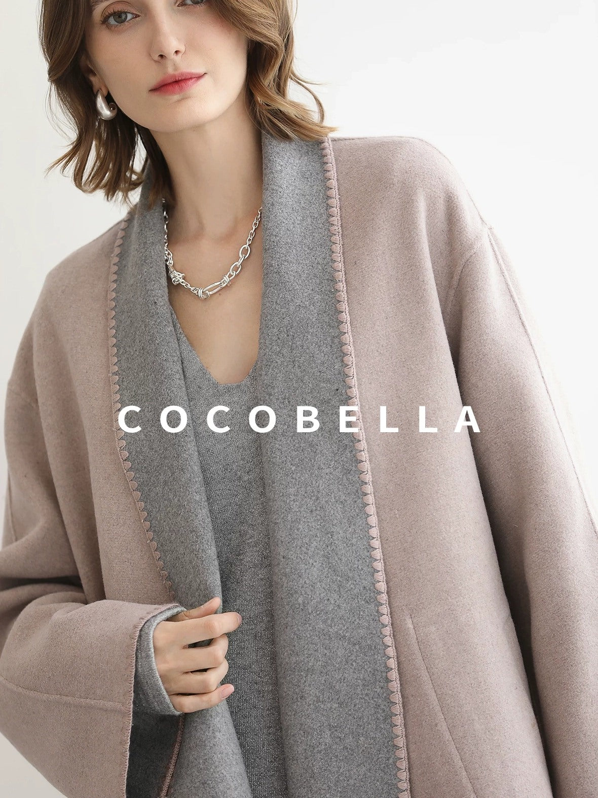 COCOBELLA Wool Blend Shell Embroidery Loose Fit Lapel Collar Office Wool Overcoats Coats